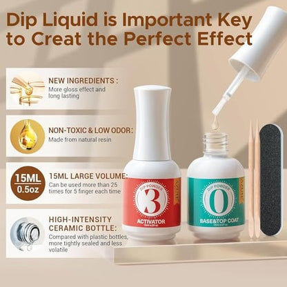 AZUREBEAUTY 2-in-1 Dip Powder Base & Top Coat with Activator - Fast Drying No Lamp Needed, 0.5 oz Bottle Set for Nail Kit