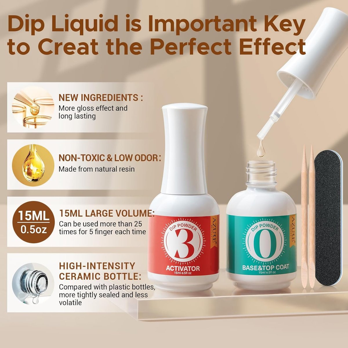 AZUREBEAUTY 2-in-1 Dip Powder Base & Top Coat with Activator - Fast Drying No Lamp Needed, 0.5 oz Bottle Set for Nail Kit - görsel 11