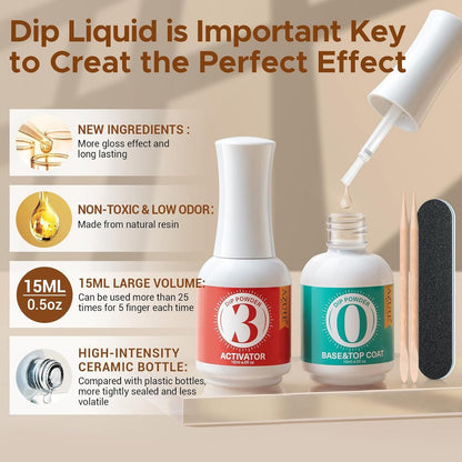 AZUREBEAUTY 2-in-1 Dip Powder Base & Top Coat with Activator - Fast Drying No Lamp Needed, 0.5 oz Bottle Set for Nail Kit