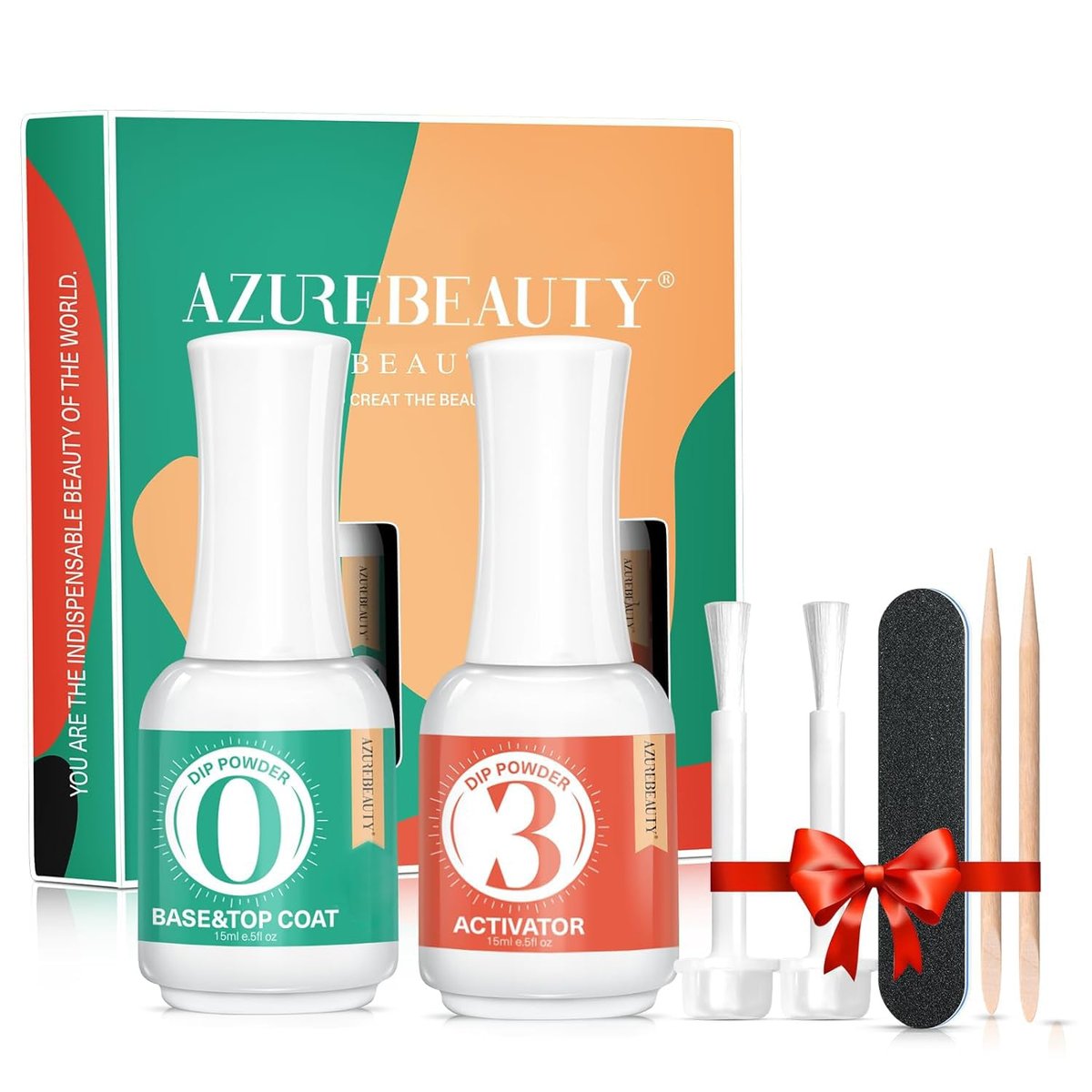 AZUREBEAUTY 2-in-1 Dip Powder Base & Top Coat with Activator - Fast Drying No Lamp Needed, 0.5 oz Bottle Set for Nail Kit - görsel 1