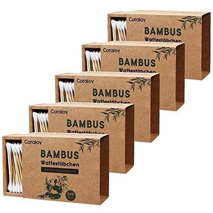 Coralov Bamboo Cotton Swabs 1000PCS – Eco-Friendly Organic Double-Tip Cotton Buds for Ear Cleaning, Skin Care, Jewelry, Art, Pet Care, and Craft – 5 Packs of 200 Sticks Avelisse
