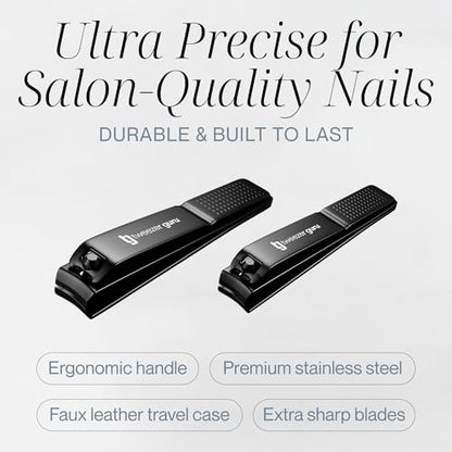 Tweezer Guru Nail Clippers - 2 Pack Professional Stainless Steel Toe & Finger Nail Clipper Set for Men, Women and Kids - Curved Edge, Matte Black