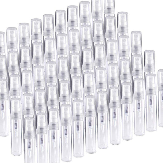 Fandamei 60 Pack 3ml Mini Spray Bottles - Clear Plastic Empty Travel Perfume Atomizer for Essential Oils, Cleaning, and On-the-Go Use