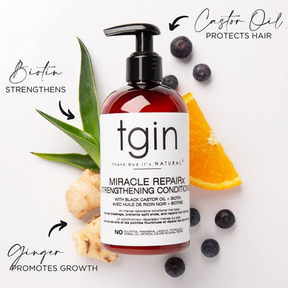 tgin Miracle RepaiRx Strengthening Shampoo and Conditioner Duo for Curly, Coily and Wavy Hair, with Biotin and Black Castor Oil, 13 oz Avelisse