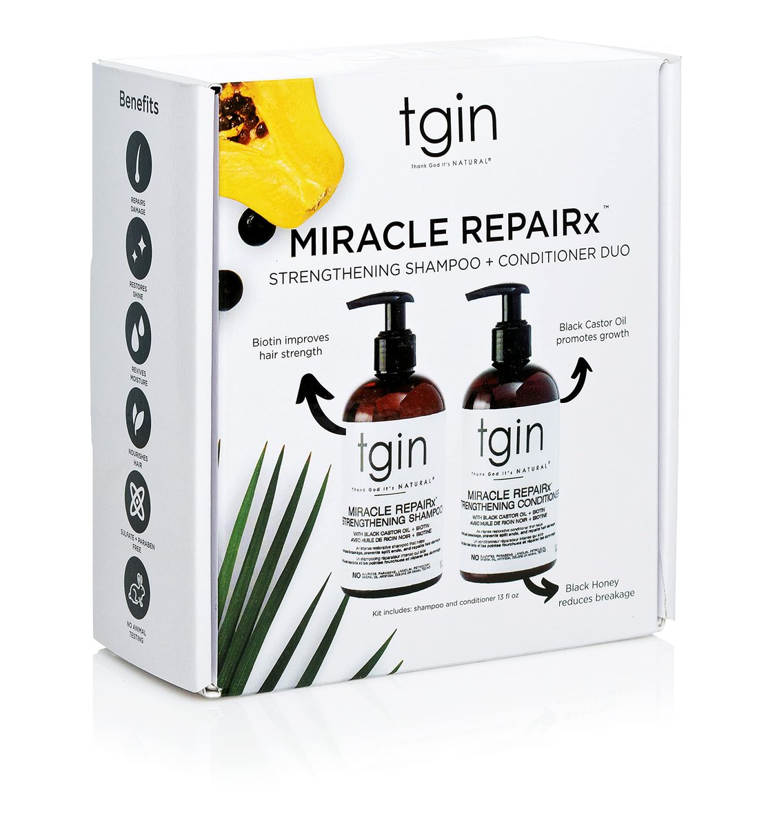 tgin Miracle RepaiRx Strengthening Shampoo and Conditioner Duo for Curly, Coily and Wavy Hair, with Biotin and Black Castor Oil, 13 oz Avelisse