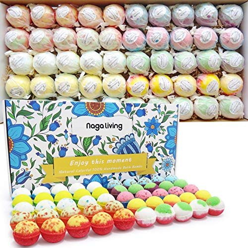 Nagaliving 50 Handmade Bath Bombs Gift Set – Assorted Mint, Rose, Lavender, Lemon, Kiwi – Bulk Bath Bombs for Kids, Women, Men – Fizzing Bath Gifts for Valentine's Day, Christmas & Anniversaries Avelisse