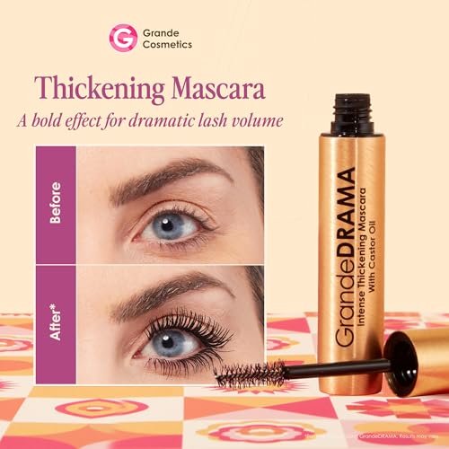 Grande Cosmetics GrandeDRAMA Intense Thickening Black Mascara with Castor Oil - Volumizing, Conditioning, Buildable Formula (0.32 oz) Avelisse