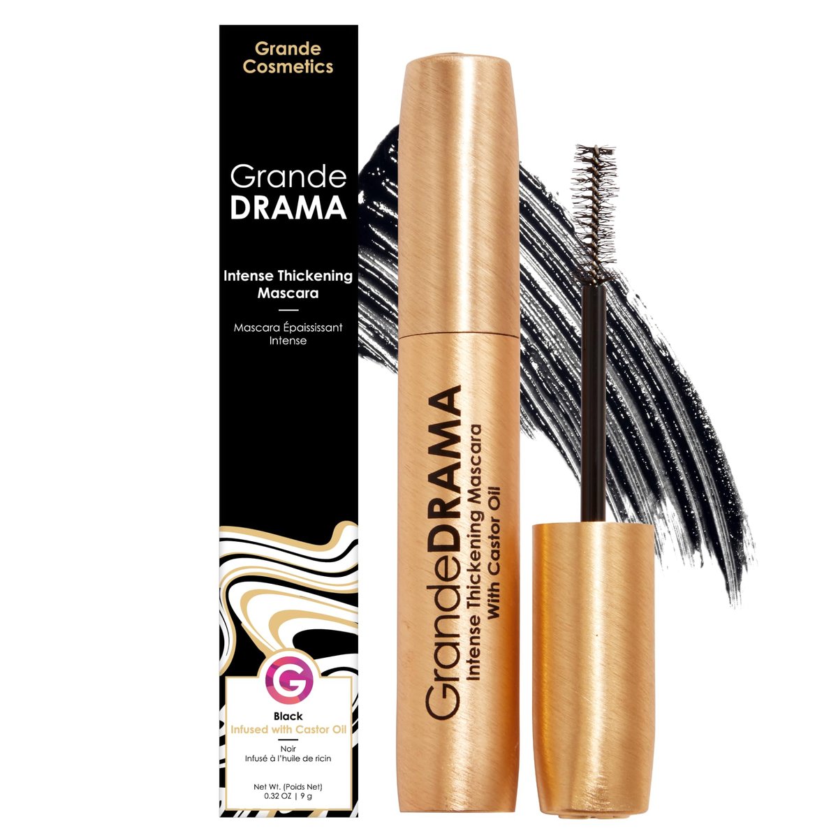 Grande Cosmetics GrandeDRAMA Intense Thickening Black Mascara with Castor Oil - Volumizing, Conditioning, Buildable Formula (0.32 oz) Avelisse