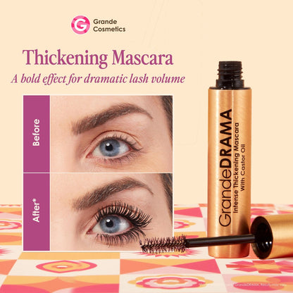 Grande Cosmetics GrandeDRAMA Intense Thickening Black Mascara with Castor Oil - Volumizing, Conditioning, Buildable Formula (0.32 oz) Avelisse