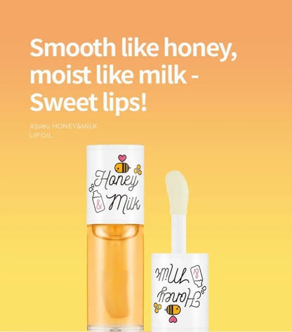 A'PIEU Honey & Milk Lip Oil - Korean Lip Oil for Long-Lasting Moisture, Nourishing Extracts, Smooth Finish, Lightweight