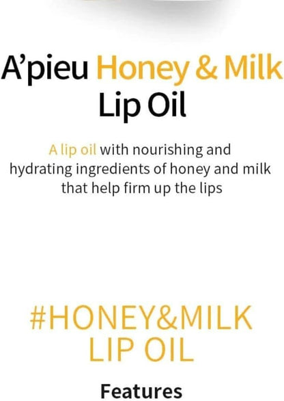 A'PIEU Honey & Milk Lip Oil - Korean Lip Oil for Long-Lasting Moisture, Nourishing Extracts, Smooth Finish, Lightweight