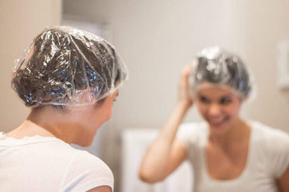 100 Disposable Clear Plastic Shower Caps for Hair Protection – Salon, Food Service, Hospital, Lab, Manufacturing, Tanning