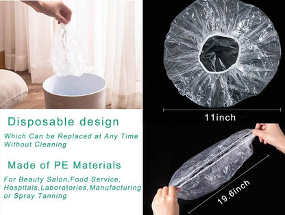 100 Disposable Clear Plastic Shower Caps for Hair Protection – Salon, Food Service, Hospital, Lab, Manufacturing, Tanning