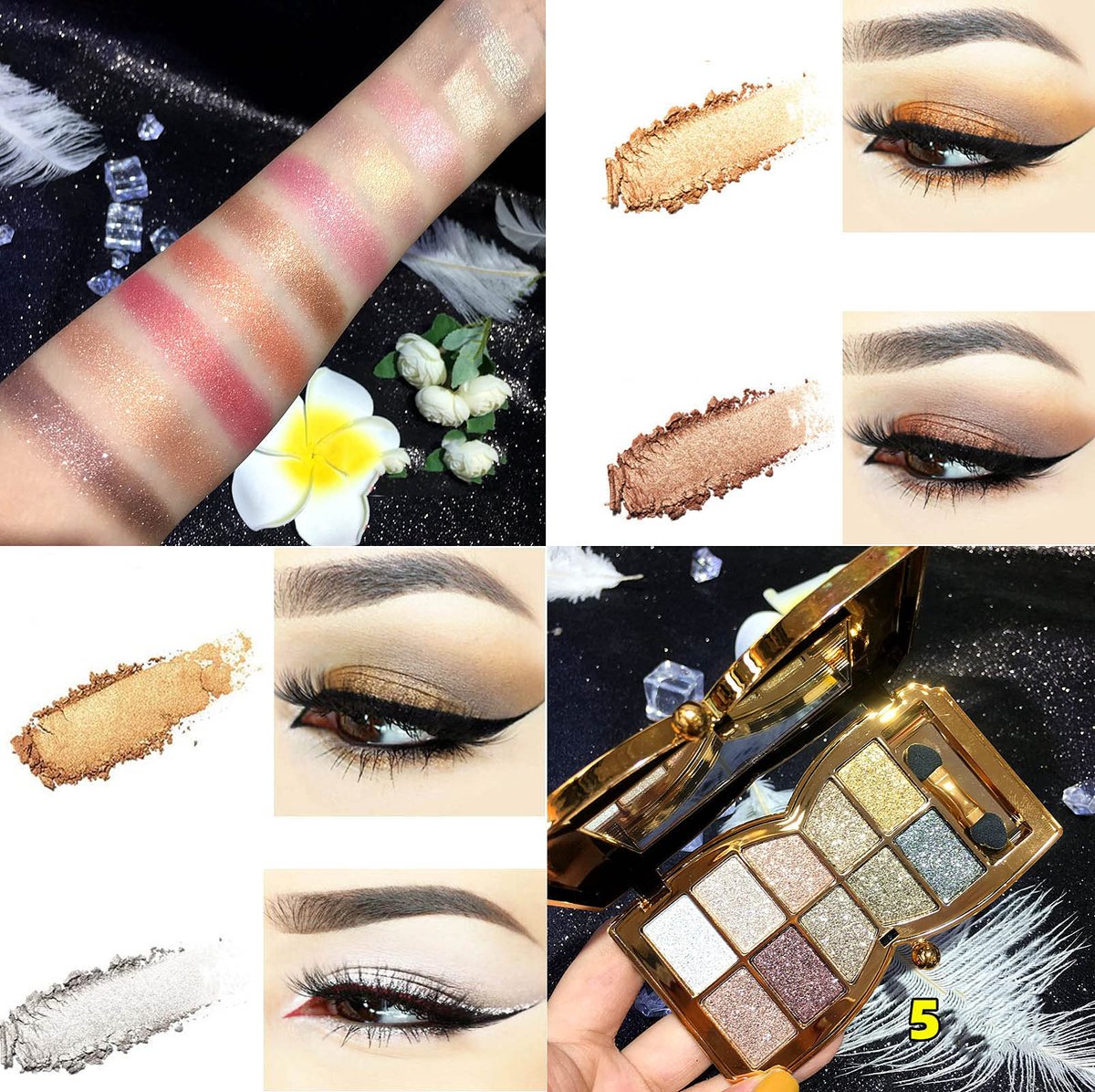 10-Color Glitter Eyeshadow Palette - Highly Pigmented Sparkle Shimmer Eye Shadow Set, Long Lasting Gold Makeup - görsel 9