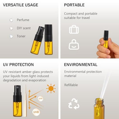 ELFENSTALL 30-Pack 2ml Brown Amber Fine Mist Mini Atomizer Vials | Refillable Glass Spray Bottles for Perfume, Travel & Party Favors