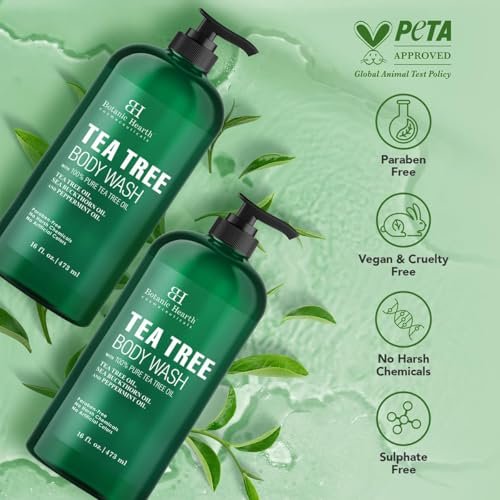 Botanic Hearth Tea Tree Body Wash - Natural Antifungal & Odor Control Shower Gel for Acne, Athlete's Foot, Ringworm, Jock Itch - Sulfate & Paraben Free - 16 fl oz (Pack of 2) Avelisse