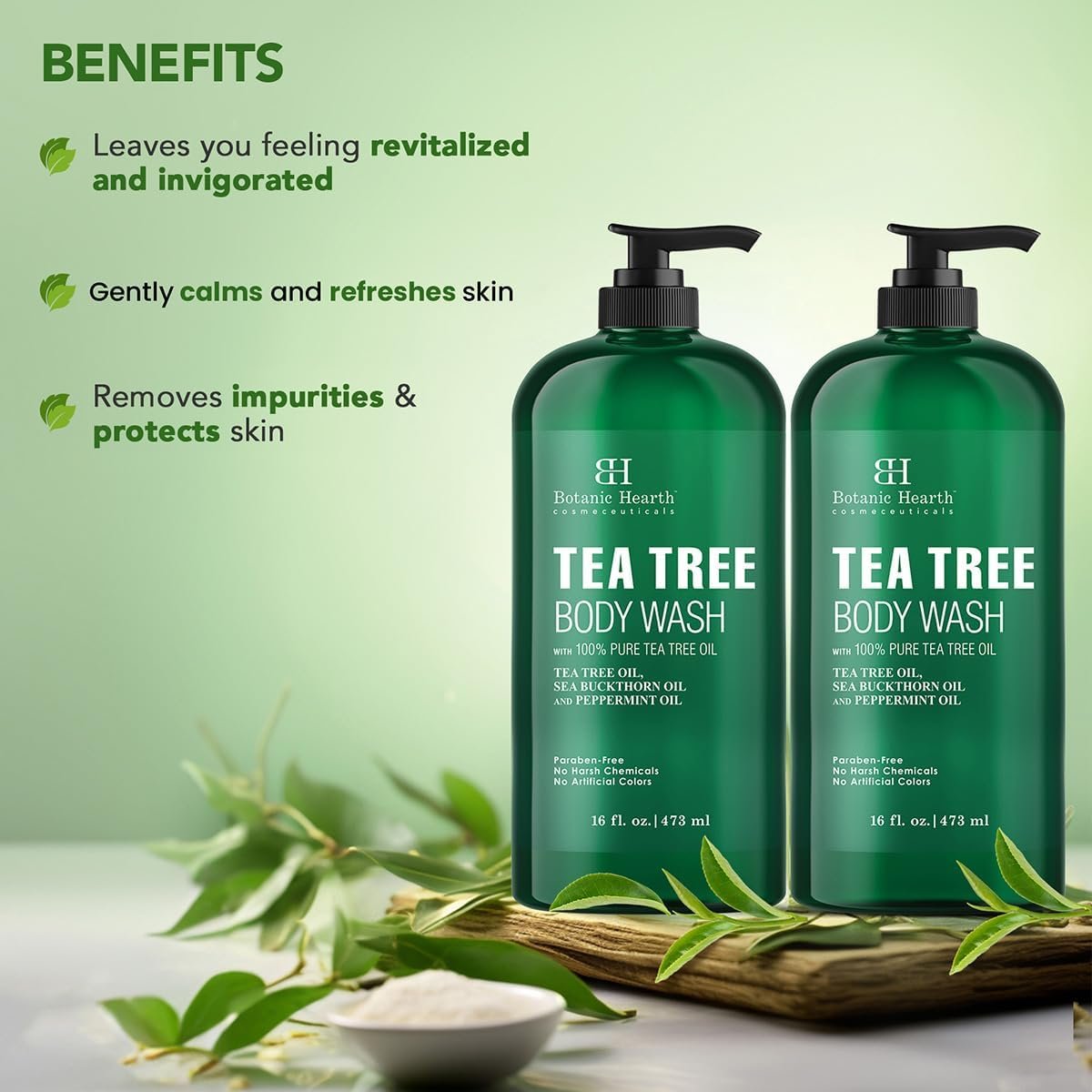 Botanic Hearth Tea Tree Body Wash - Natural Antifungal & Odor Control Shower Gel for Acne, Athlete's Foot, Ringworm, Jock Itch - Sulfate & Paraben Free - 16 fl oz (Pack of 2) Avelisse