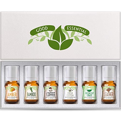 Good Essential Fragrance Oils Set of 6 Scented Oils - Amber, Coffee, Leather, Fresh Cotton, Fresh Cut Grass, Bamboo for Aromatherapy, Perfume, Soaps, Candles, Slime, Lotions - görsel 2