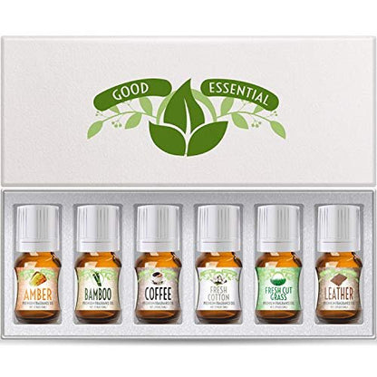 Good Essential Fragrance Oils Set of 6 Scented Oils - Amber, Coffee, Leather, Fresh Cotton, Fresh Cut Grass, Bamboo for Aromatherapy, Perfume, Soaps, Candles, Slime, Lotions