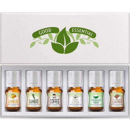 Good Essential Fragrance Oils Set of 6 Scented Oils - Amber, Coffee, Leather, Fresh Cotton, Fresh Cut Grass, Bamboo for Aromatherapy, Perfume, Soaps, Candles, Slime, Lotions