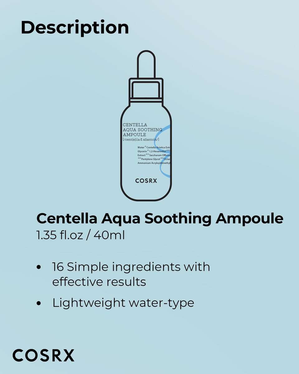 COSRX Centella Aqua Soothing Ampoule - Centella Asiatica Cica Serum for Sensitive Skin, 1.35 Fl Oz Avelisse