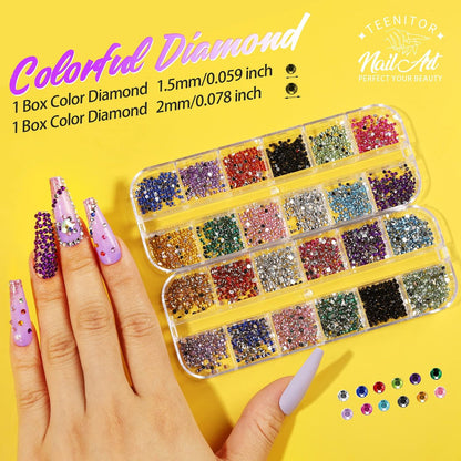 Teenitor 41 Boxes Rhinestones for Nails - Multicolor Plastic Nail Art Decoration Kit with Gems and Flakes