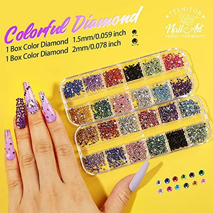 Teenitor 41 Boxes Rhinestones for Nails - Multicolor Plastic Nail Art Decoration Kit with Gems and Flakes