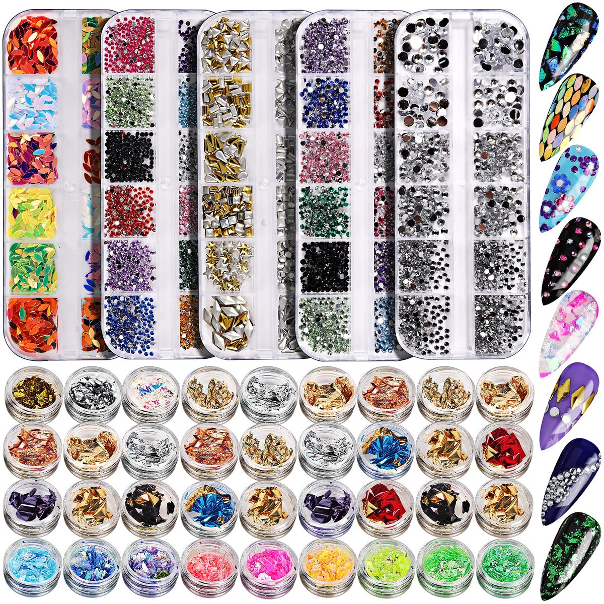Teenitor 41 Boxes Rhinestones for Nails - Multicolor Plastic Nail Art Decoration Kit with Gems and Flakes - görsel 1