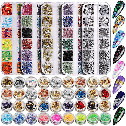 Teenitor 41 Boxes Rhinestones for Nails - Multicolor Plastic Nail Art Decoration Kit with Gems and Flakes