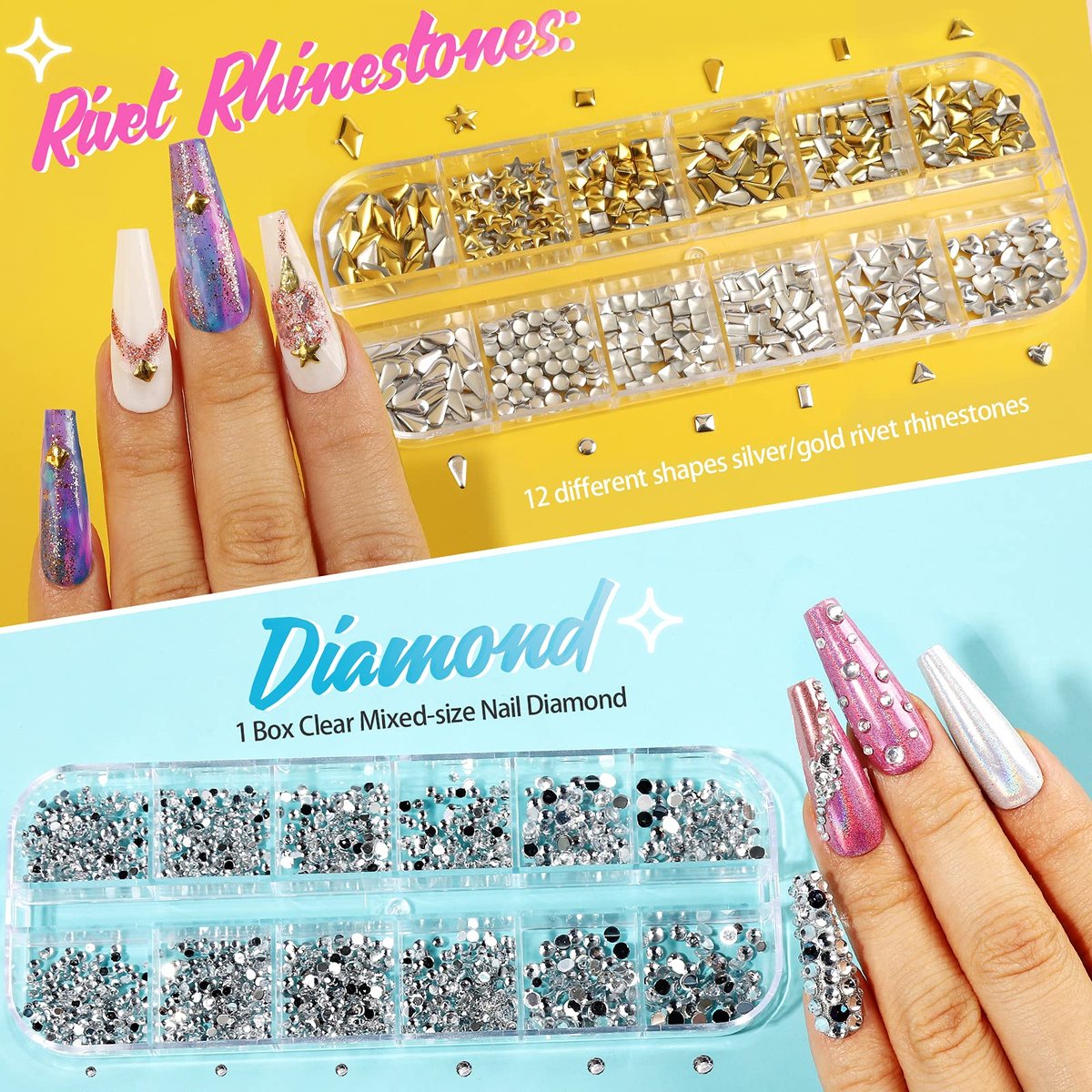 Teenitor 41 Boxes Rhinestones for Nails - Multicolor Plastic Nail Art Decoration Kit with Gems and Flakes - görsel 3