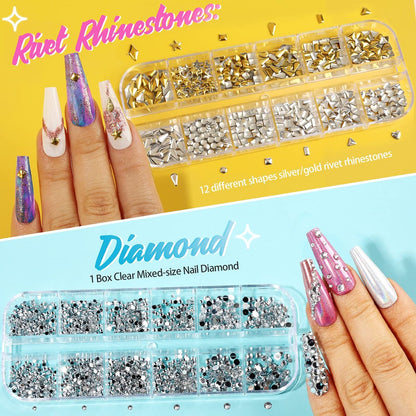 Teenitor 41 Boxes Rhinestones for Nails - Multicolor Plastic Nail Art Decoration Kit with Gems and Flakes