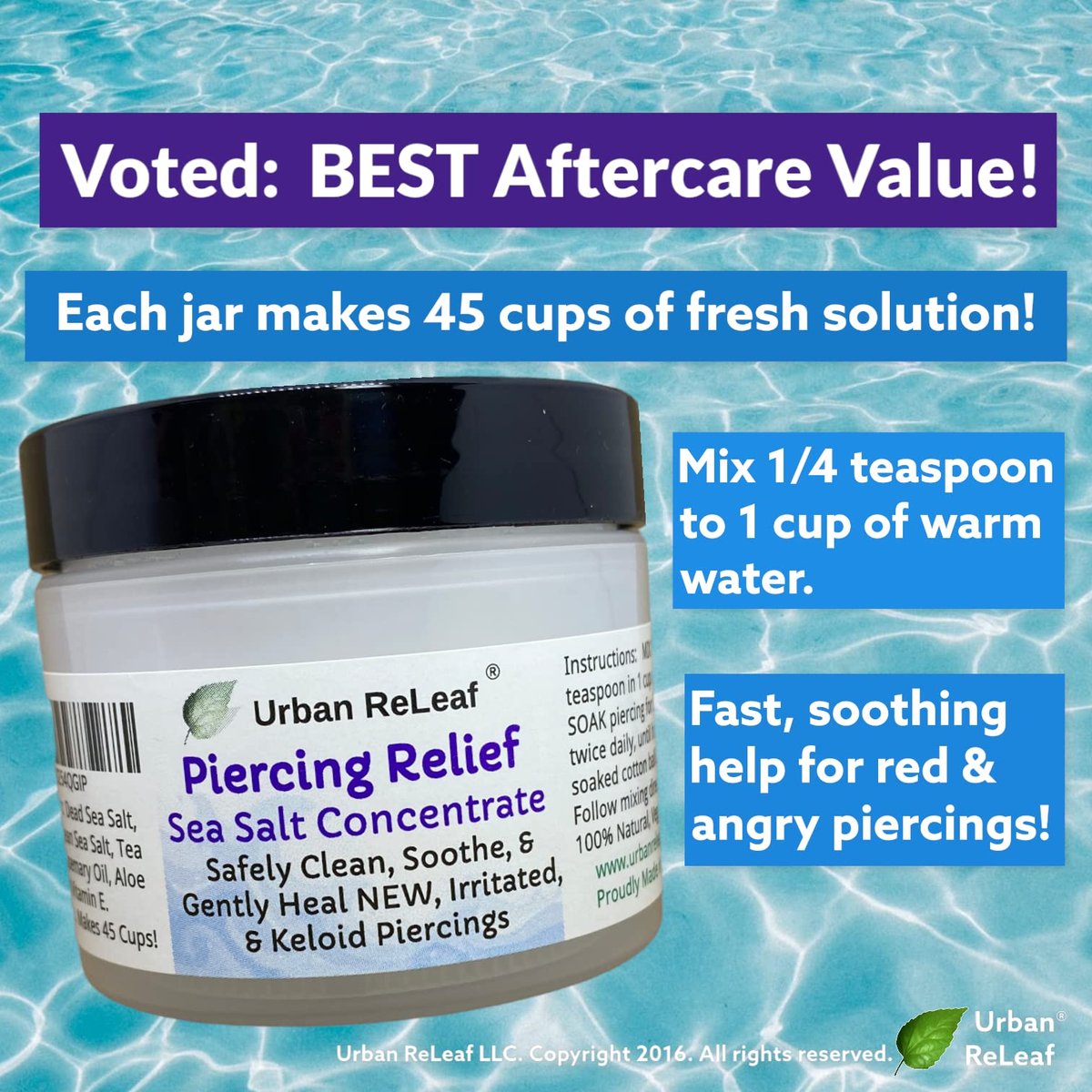 Urban ReLeaf PIERCING RELIEF Sea Salt Concentrate Aftercare – Safely Clean, Soothe & Gently Calm New Irritated & Keloid Bump Piercings – Effective Non-Iodized Dead Sea Salt with Tea Tree & Rosemary Avelisse
