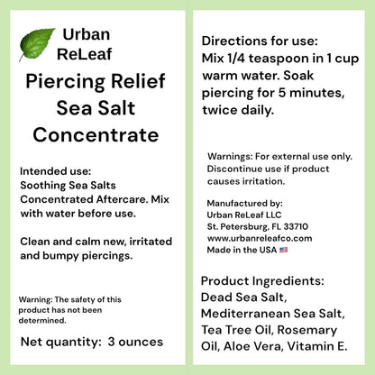 Urban ReLeaf PIERCING RELIEF Sea Salt Concentrate Aftercare – Safely Clean, Soothe & Gently Calm New Irritated & Keloid Bump Piercings – Effective Non-Iodized Dead Sea Salt with Tea Tree & Rosemary Avelisse