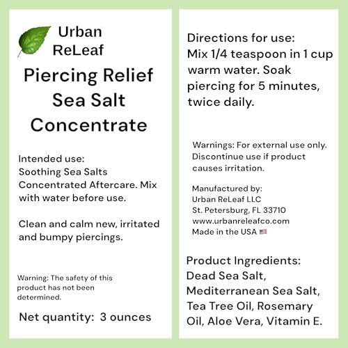 Urban ReLeaf PIERCING RELIEF Sea Salt Concentrate Aftercare – Safely Clean, Soothe & Gently Calm New Irritated & Keloid Bump Piercings – Effective Non-Iodized Dead Sea Salt with Tea Tree & Rosemary Avelisse