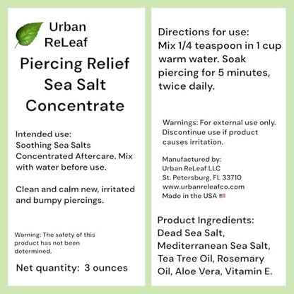 Urban ReLeaf PIERCING RELIEF Sea Salt Concentrate Aftercare – Safely Clean, Soothe & Gently Calm New Irritated & Keloid Bump Piercings – Effective Non-Iodized Dead Sea Salt with Tea Tree & Rosemary Avelisse