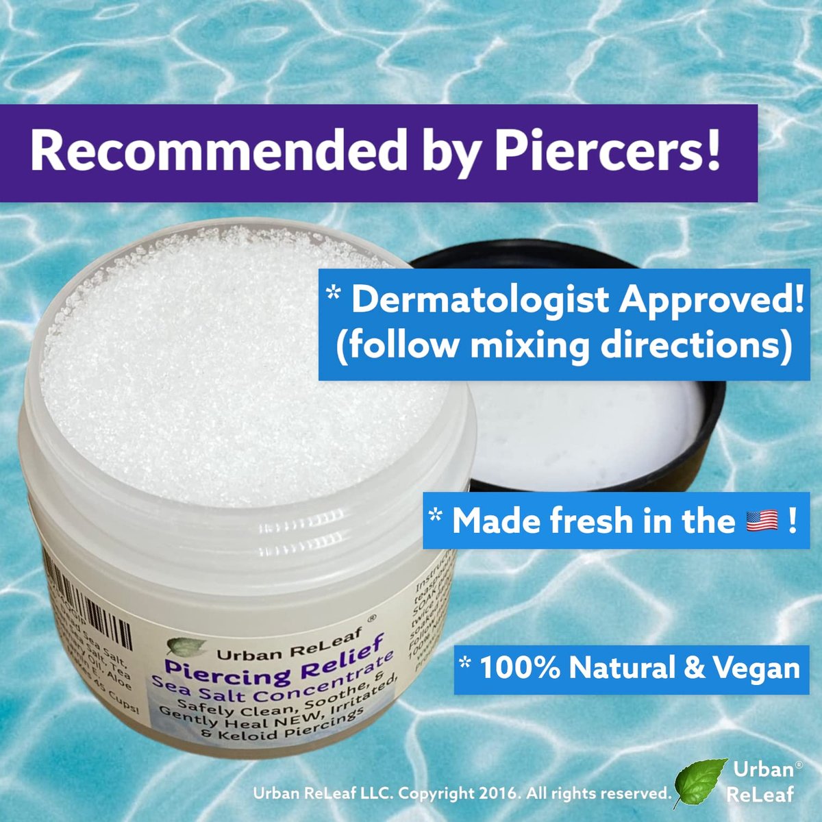 Urban ReLeaf PIERCING RELIEF Sea Salt Concentrate Aftercare – Safely Clean, Soothe & Gently Calm New Irritated & Keloid Bump Piercings – Effective Non-Iodized Dead Sea Salt with Tea Tree & Rosemary Avelisse