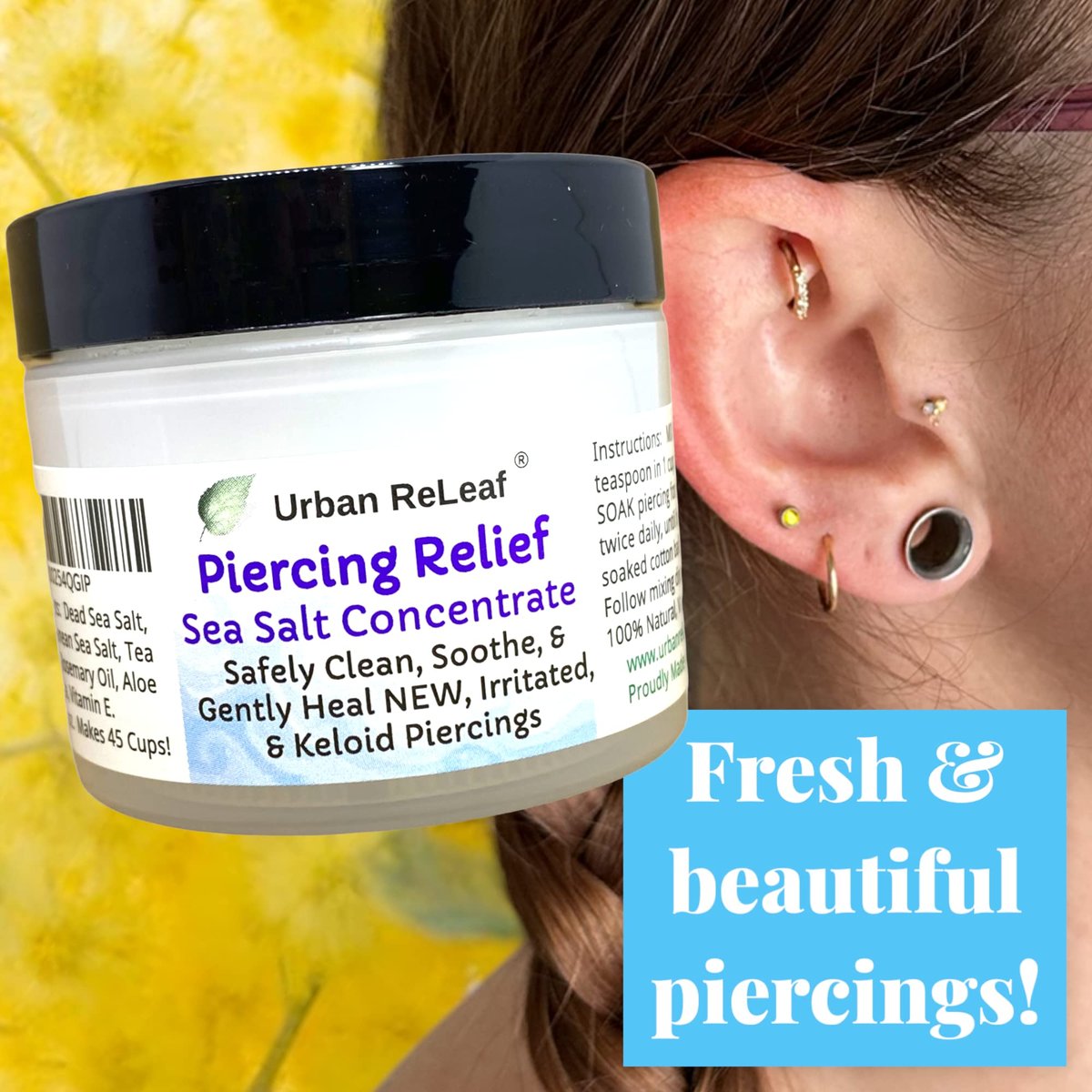 Urban ReLeaf PIERCING RELIEF Sea Salt Concentrate Aftercare – Safely Clean, Soothe & Gently Calm New Irritated & Keloid Bump Piercings – Effective Non-Iodized Dead Sea Salt with Tea Tree & Rosemary Avelisse