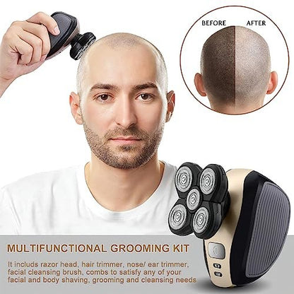 Telfun Upgrade 5-in-1 Electric Head Shaver for Bald Men - 100% Waterproof Cordless Rotary Razor with Dual Track Blades, Wet/Dry Shaving, Mess-Free Hair Capture - Gold Avelisse