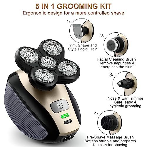 Telfun Upgrade 5-in-1 Electric Head Shaver for Bald Men - 100% Waterproof Cordless Rotary Razor with Dual Track Blades, Wet/Dry Shaving, Mess-Free Hair Capture - Gold Avelisse