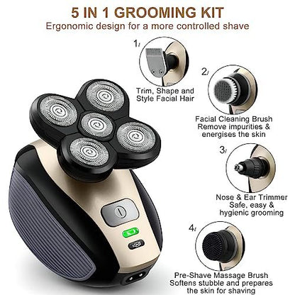 Telfun Upgrade 5-in-1 Electric Head Shaver for Bald Men - 100% Waterproof Cordless Rotary Razor with Dual Track Blades, Wet/Dry Shaving, Mess-Free Hair Capture - Gold Avelisse