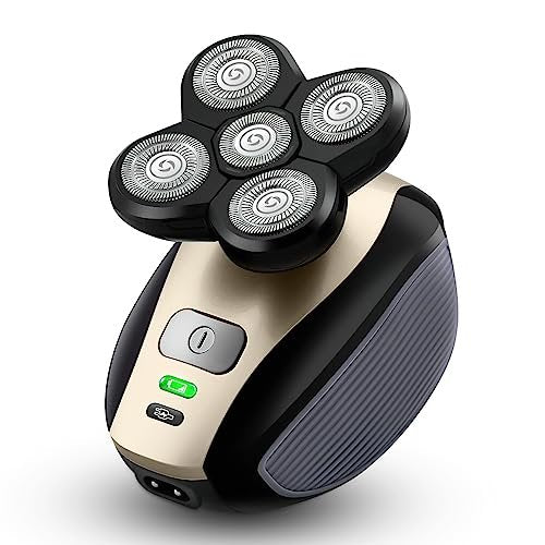 Telfun Upgrade 5-in-1 Electric Head Shaver for Bald Men - 100% Waterproof Cordless Rotary Razor with Dual Track Blades, Wet/Dry Shaving, Mess-Free Hair Capture - Gold Avelisse