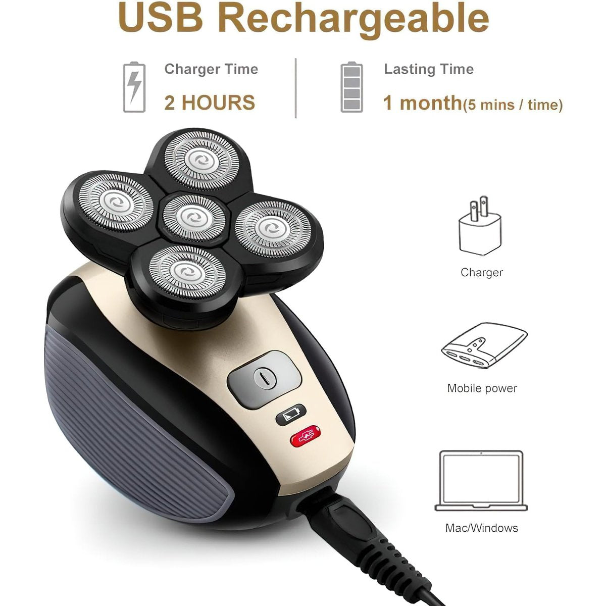 Telfun Upgrade 5-in-1 Electric Head Shaver for Bald Men - 100% Waterproof Cordless Rotary Razor with Dual Track Blades, Wet/Dry Shaving, Mess-Free Hair Capture - Gold Avelisse