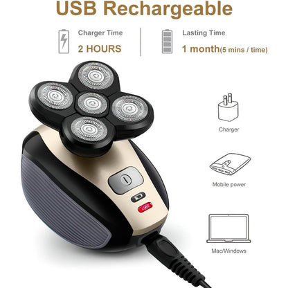 Telfun Upgrade 5-in-1 Electric Head Shaver for Bald Men - 100% Waterproof Cordless Rotary Razor with Dual Track Blades, Wet/Dry Shaving, Mess-Free Hair Capture - Gold Avelisse