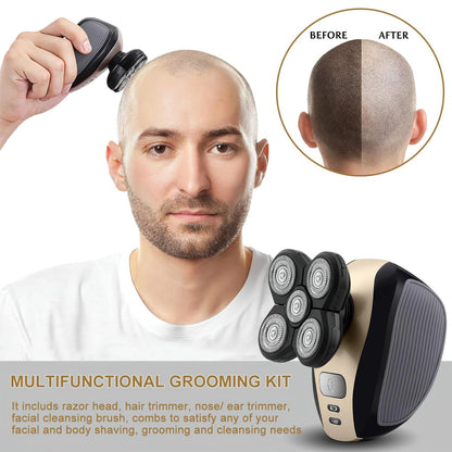 Telfun Upgrade 5-in-1 Electric Head Shaver for Bald Men - 100% Waterproof Cordless Rotary Razor with Dual Track Blades, Wet/Dry Shaving, Mess-Free Hair Capture - Gold Avelisse