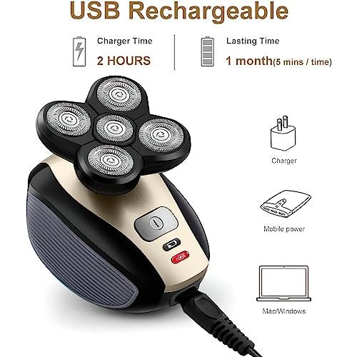 Telfun Upgrade 5-in-1 Electric Head Shaver for Bald Men - 100% Waterproof Cordless Rotary Razor with Dual Track Blades, Wet/Dry Shaving, Mess-Free Hair Capture - Gold Avelisse