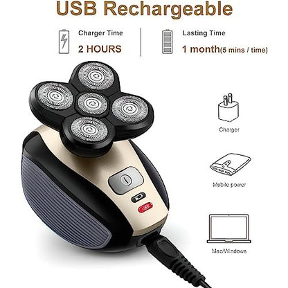 Telfun Upgrade 5-in-1 Electric Head Shaver for Bald Men - 100% Waterproof Cordless Rotary Razor with Dual Track Blades, Wet/Dry Shaving, Mess-Free Hair Capture - Gold Avelisse