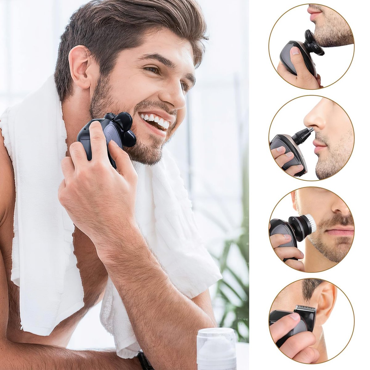 Telfun Upgrade 5-in-1 Electric Head Shaver for Bald Men - 100% Waterproof Cordless Rotary Razor with Dual Track Blades, Wet/Dry Shaving, Mess-Free Hair Capture - Gold Avelisse
