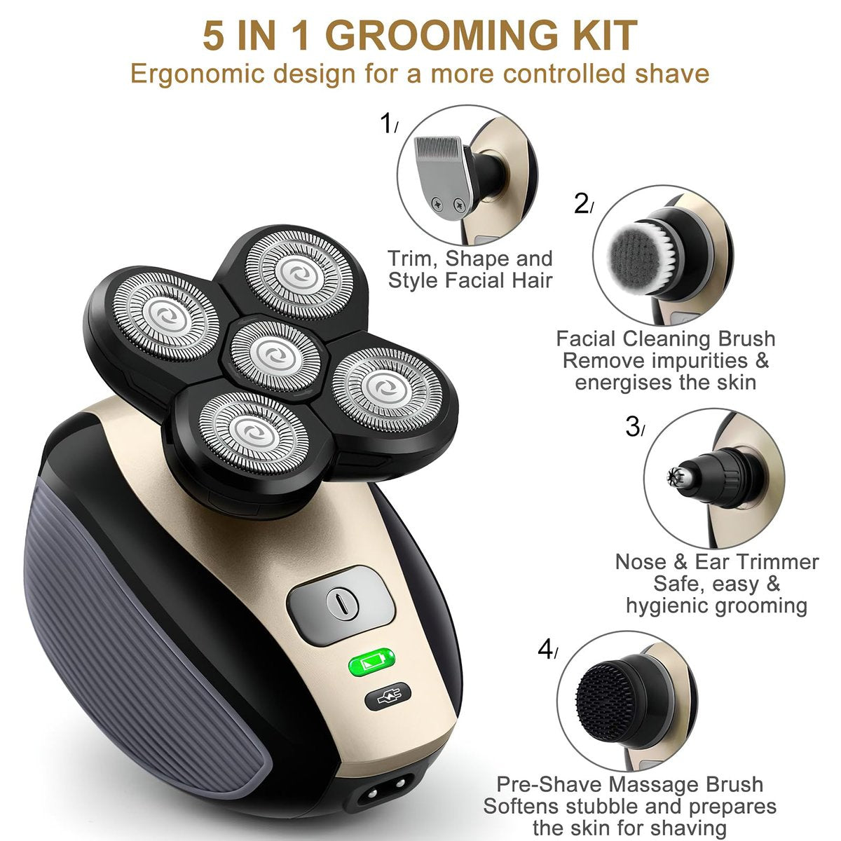 Telfun Upgrade 5-in-1 Electric Head Shaver for Bald Men - 100% Waterproof Cordless Rotary Razor with Dual Track Blades, Wet/Dry Shaving, Mess-Free Hair Capture - Gold Avelisse
