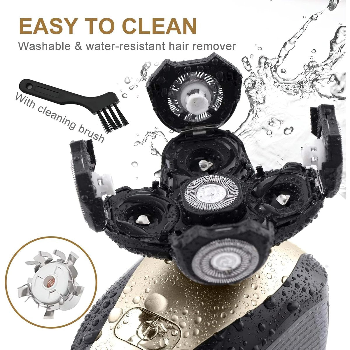 Telfun Upgrade 5-in-1 Electric Head Shaver for Bald Men - 100% Waterproof Cordless Rotary Razor with Dual Track Blades, Wet/Dry Shaving, Mess-Free Hair Capture - Gold Avelisse