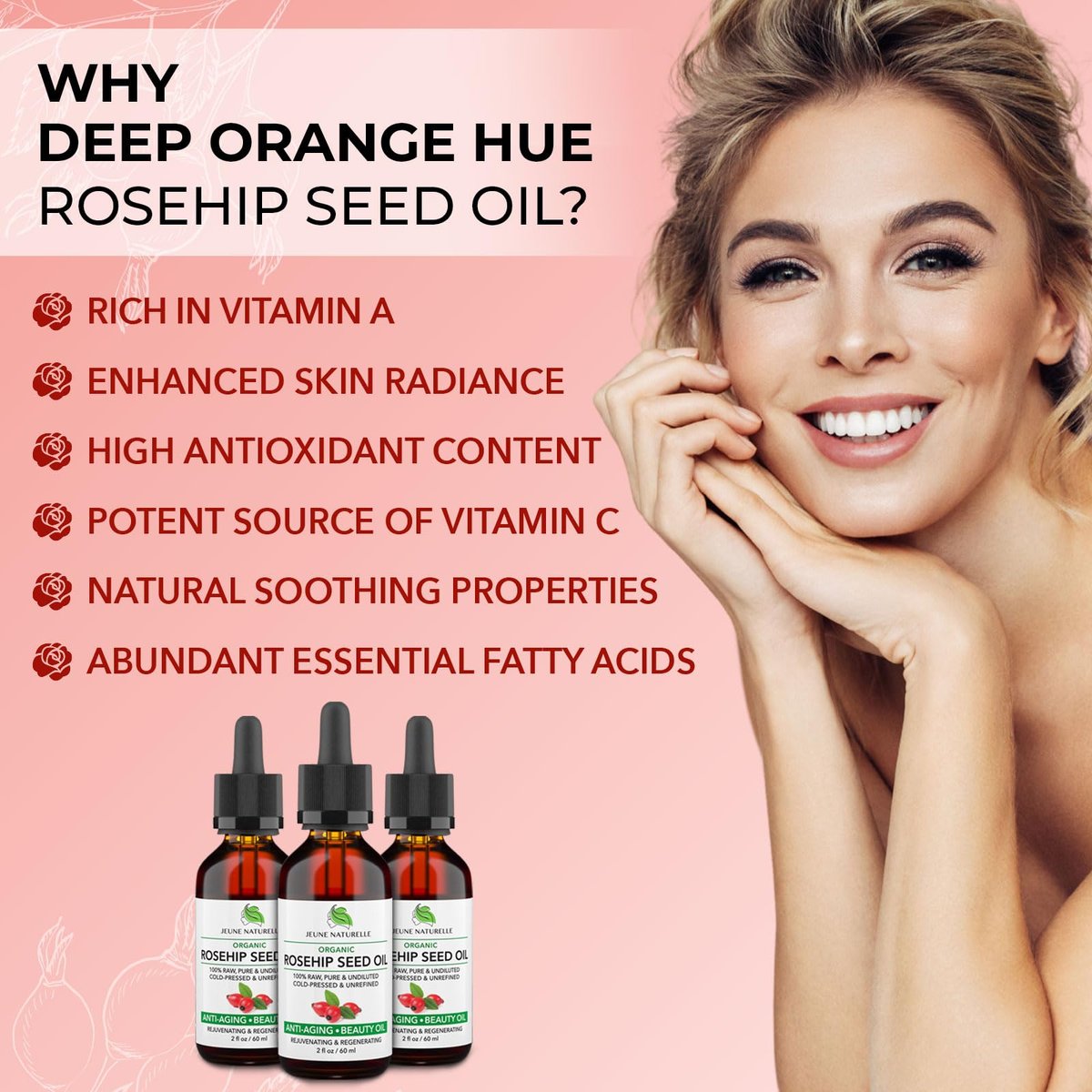 Jeune Naturelle Organic Rosehip Seed Oil - Pure, Virgin, Cold Pressed for Skin Repair, 2 oz - görsel 7